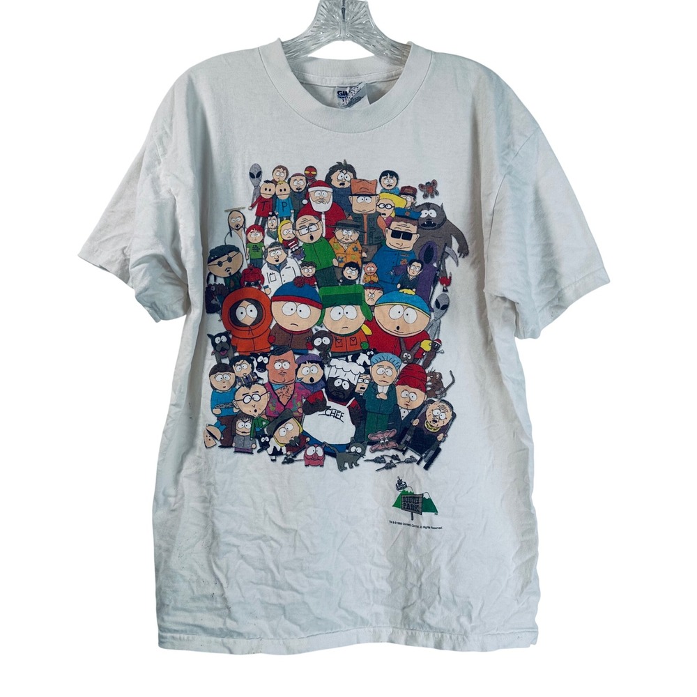 Vintage 1998 South Park Character Cast T-Shirt White Large Gildan 90s Comedy
